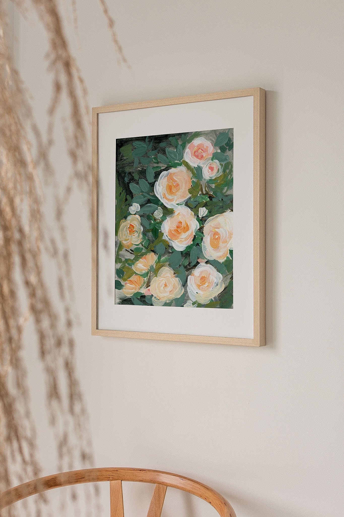 Rose garden painting | white and orange rose painting | floral art print | spring flower painting | moody floral art print |, ROSE BUSH
