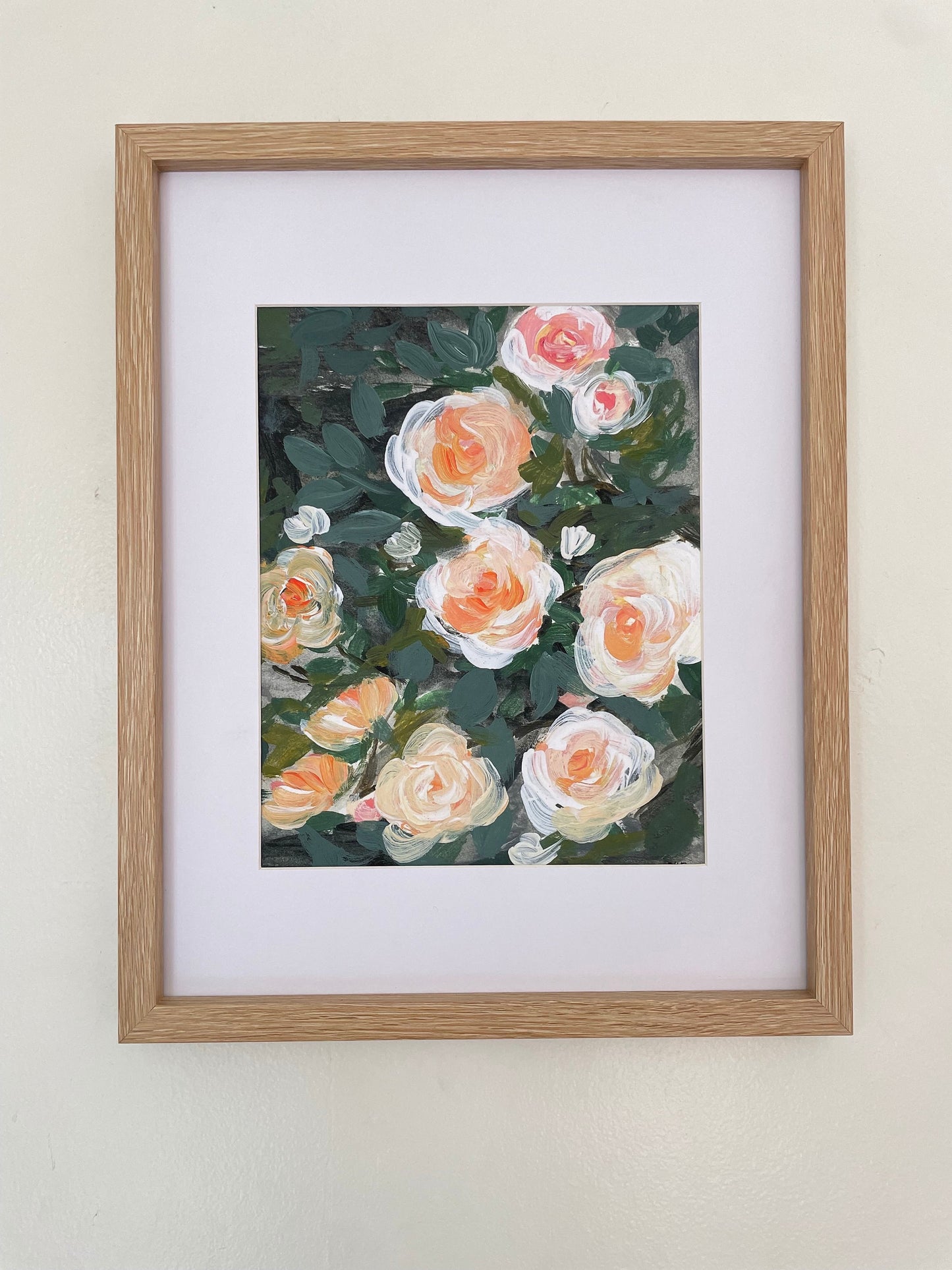 Rose garden painting | white and orange rose painting | floral art print | spring flower painting | moody floral art print |, ROSE BUSH