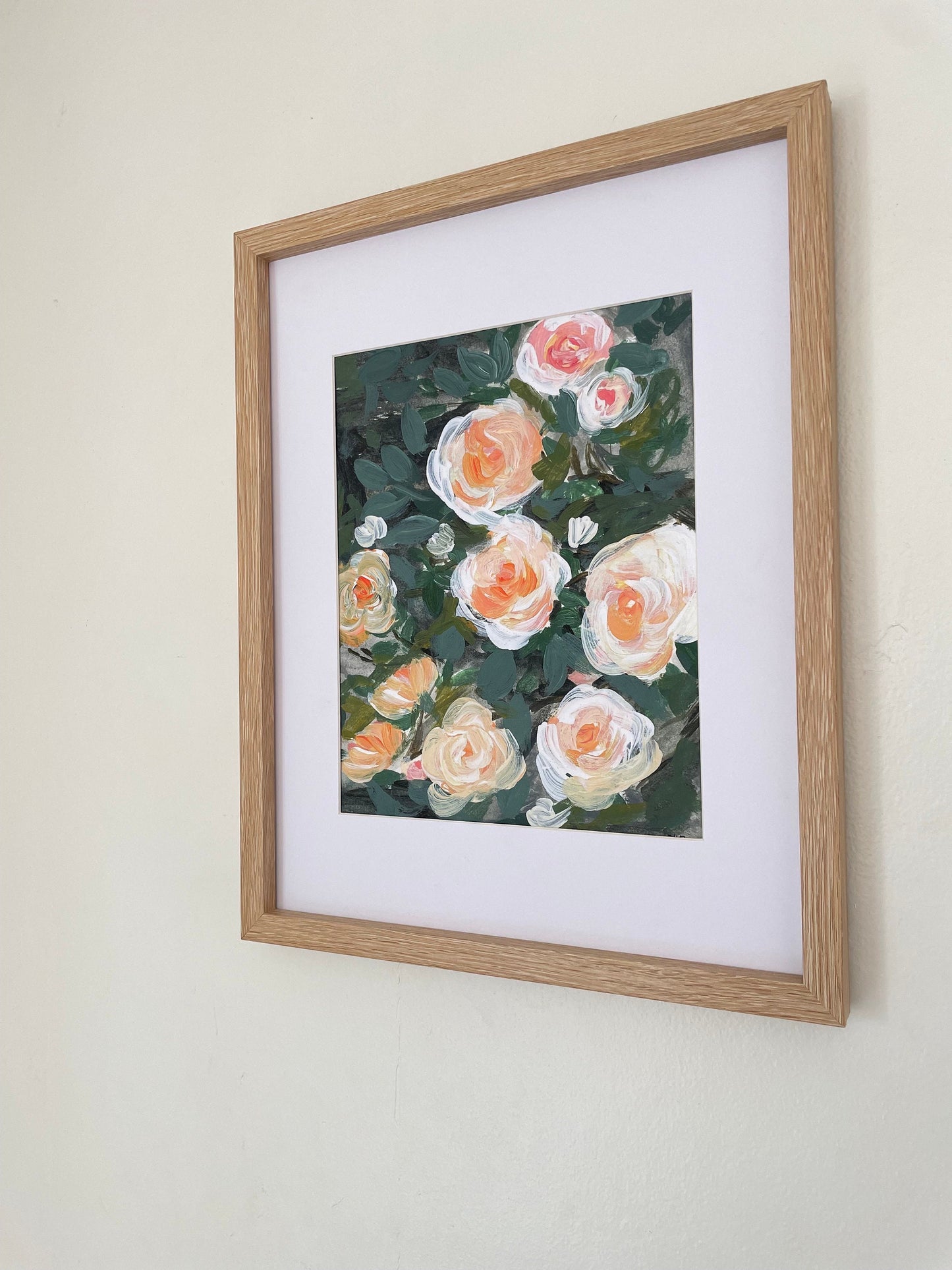 Rose garden painting | white and orange rose painting | floral art print | spring flower painting | moody floral art print |, ROSE BUSH