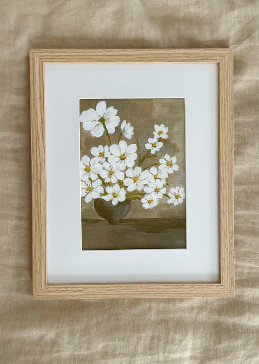 Cosmos Acrylic Painting | French Decor | Vintage Style Art | Pink Flower Painting | White cosmos French Decor NOT FRAMED