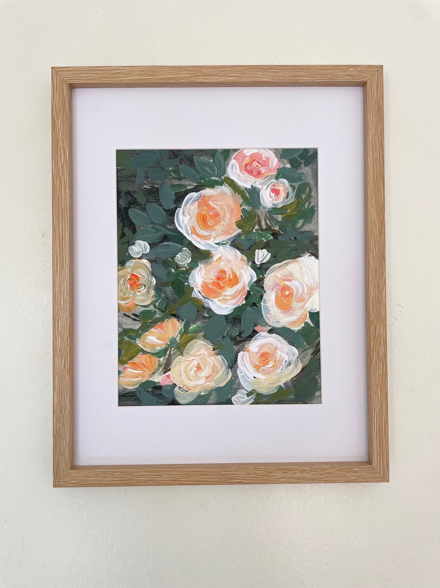 Rose garden painting | white and orange rose painting | floral art print | spring flower painting | moody floral art print |, ROSE BUSH
